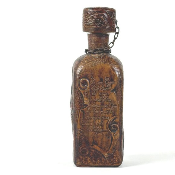 Vintage Tooled Leather Liquor Empty Whiskey Bottle Holder Chain Cork Stopper - Picture 4 of 10